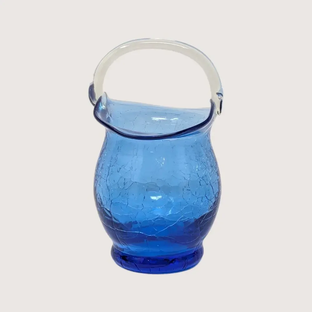 1960s Cobalt Blue Crackle Glass Mini Basket Clear Handle